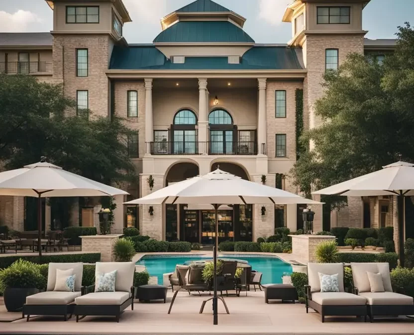 A grand luxury hotel in Waco, Texas, with a welcoming entrance, lush landscaping, and a sparkling swimming pool surrounded by comfortable lounge chairs. Top 10 Family-Friendly Luxury Hotels in Waco Texas