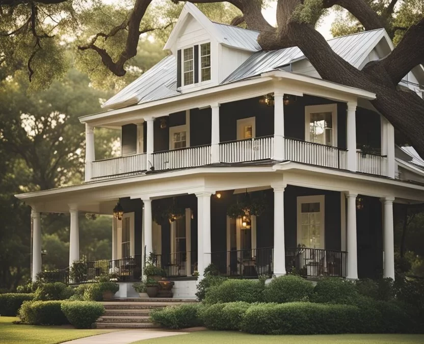 A cozy vacation house nestled among towering oak trees, with a front porch overlooking a serene lake in Waco, TX. Top Vacation House Rentals in Waco TX.