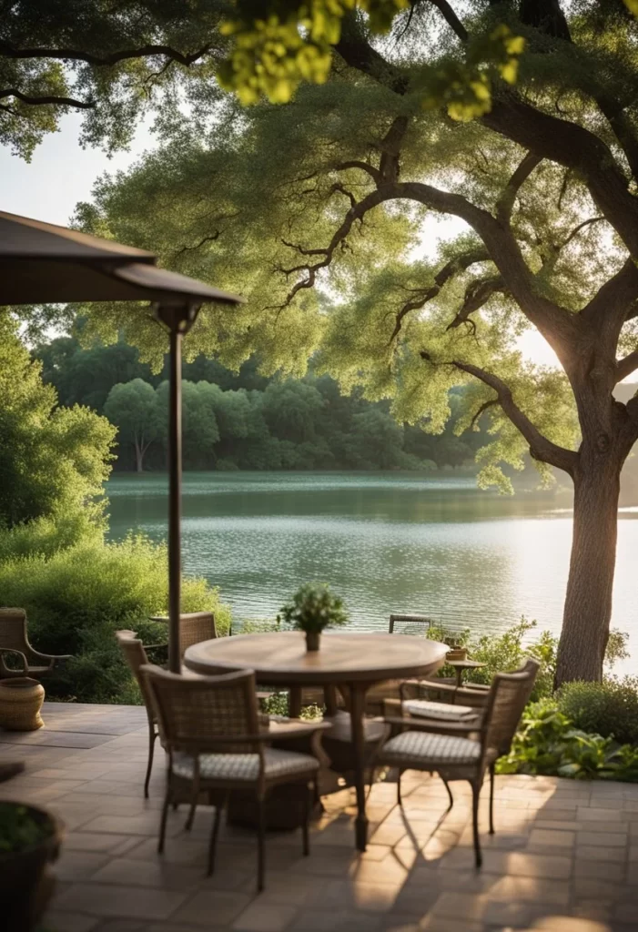 A charming vacation house in Waco, TX surrounded by lush greenery and a peaceful lake, with a cozy patio and inviting outdoor seating area. Top Vacation House Rentals in Waco TX.