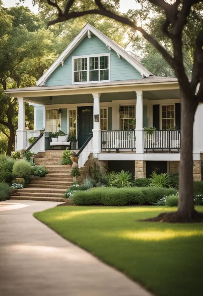 A cozy vacation house nestled among lush greenery in Waco, TX, with a spacious front porch and a welcoming atmosphere. Top Vacation House Rentals in Waco TX.