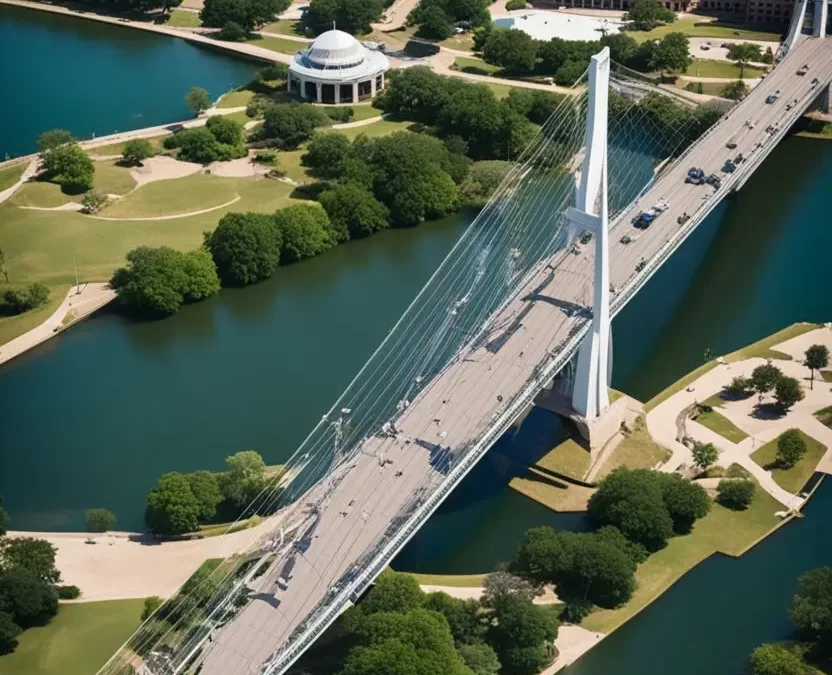 a bird's eye view of iconic landmarks in waco, texas, including the suspension bridge, dr. pepper museum, and baylor university campus. ultimate guide to getting around waco, texas