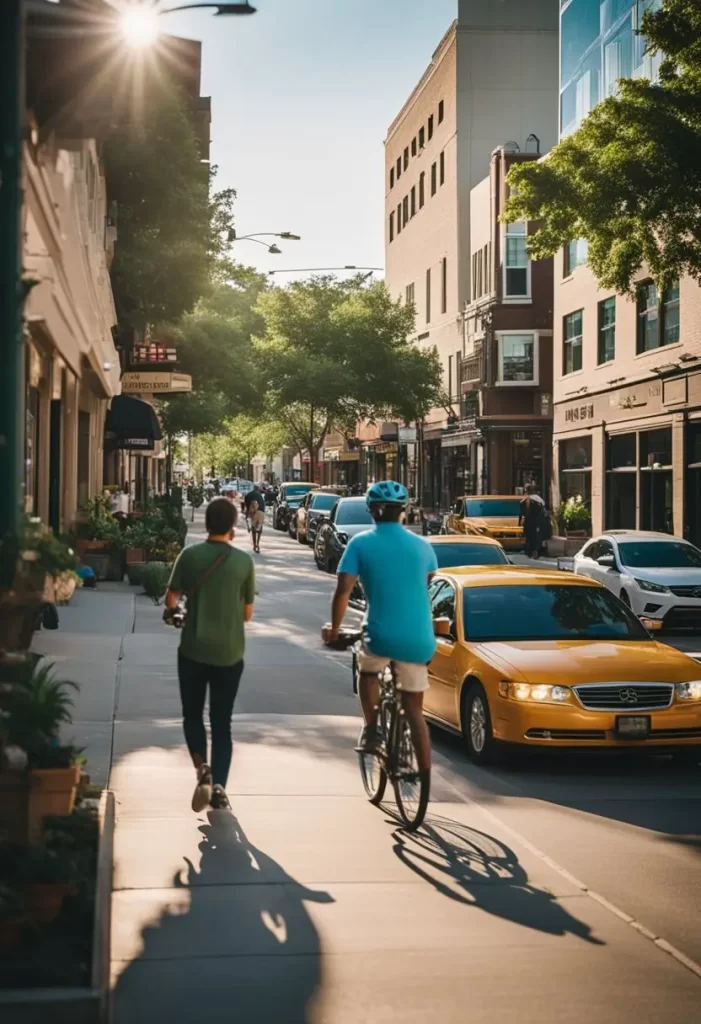 a bustling city street with people walking and biking, surrounded by vibrant buildings and greenery, showcasing the various modes of transportation in waco, texas. ultimate guide to getting around waco, texas