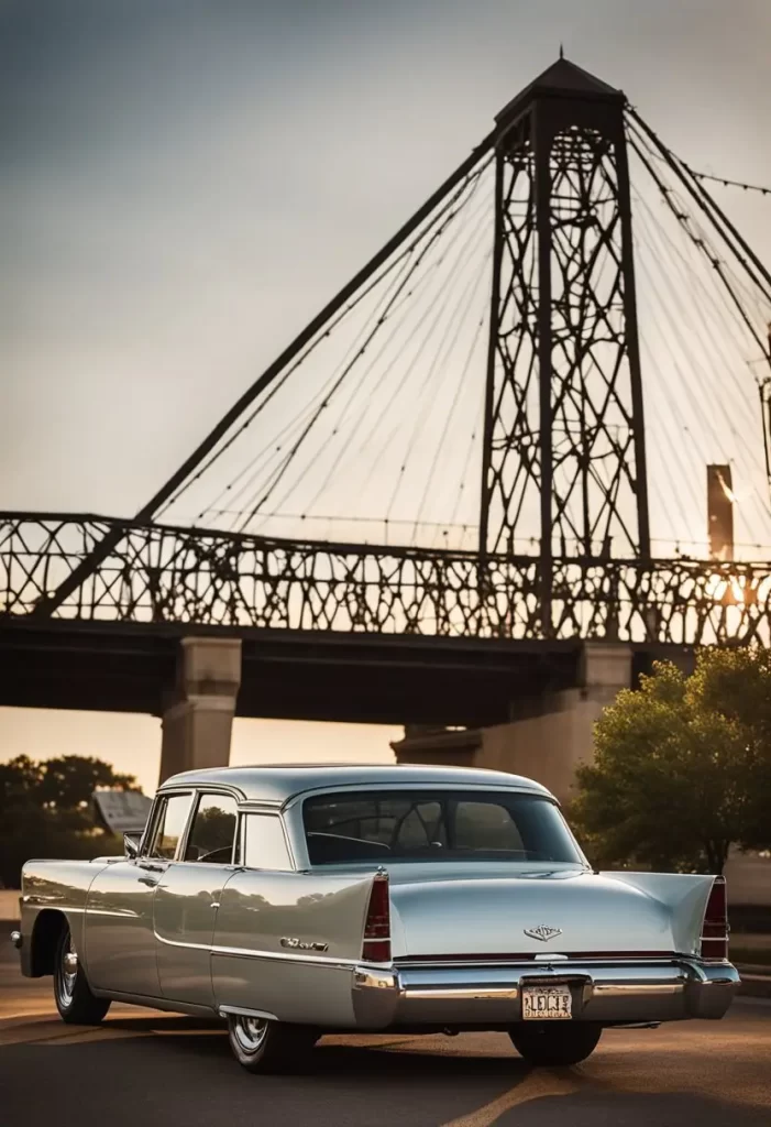 a car driving past the iconic landmarks of waco, texas, including the dr. pepper museum, magnolia market, and the historic suspension bridge. ultimate guide to getting around waco, texas