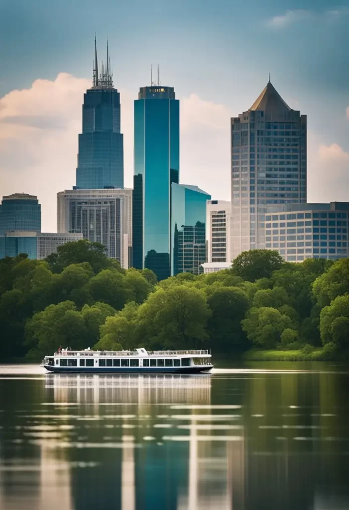 a serene river cruise in waco, texas with a boat gliding along the water, surrounded by lush greenery and the city skyline in the background. ultimate guide to getting around waco, texas.