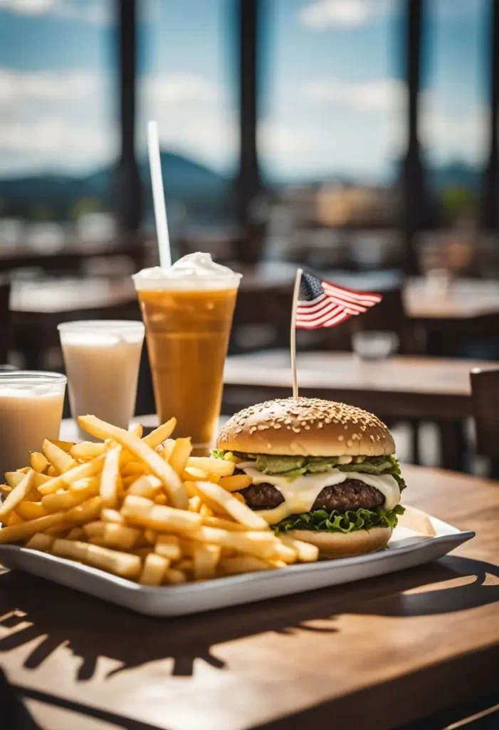 A towering burger surrounded by a mountain of fries, a giant milkshake, and a stopwatch on the table. The challenge is set in a bustling Waco restaurant.