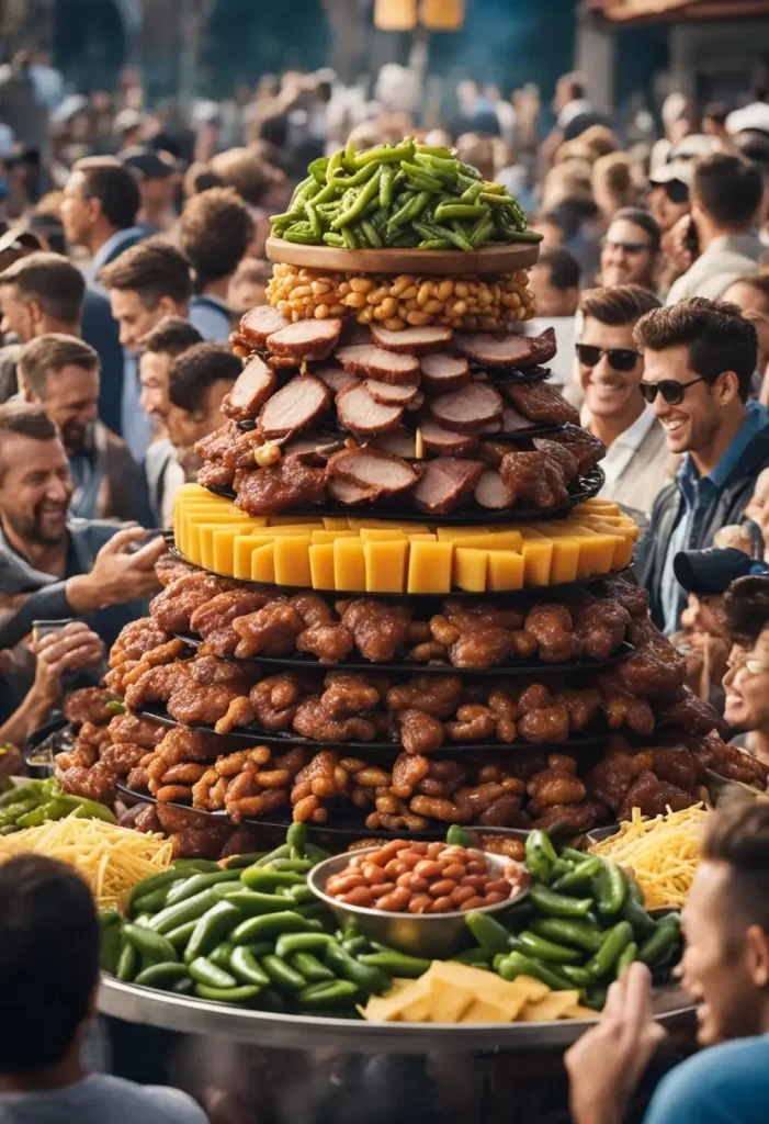 A towering mound of BBQ meats, beans, cheese, and jalapeños piled high on a tray, surrounded by a bustling crowd of eager onlookers in Waco, Texas.