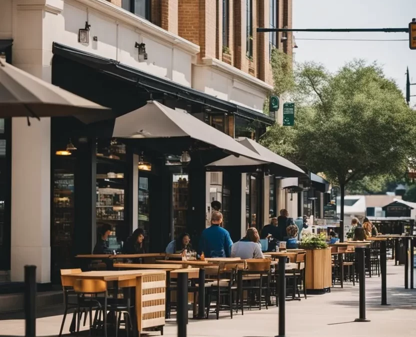 A bustling street lined with diverse eateries, from food trucks to upscale restaurants, showcasing the vibrant culinary scene of Waco, Texas. 10 Best Food Recommendations in Waco Texas.