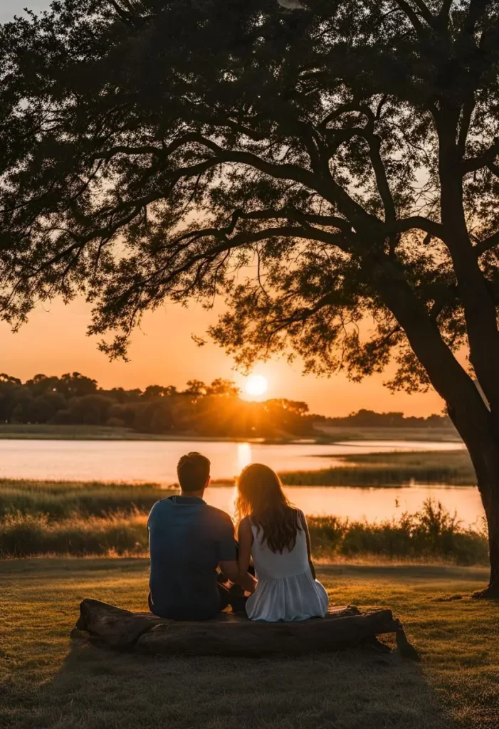 Couple in Waco park watching sunset - Date Night Ideas in Waco Texas