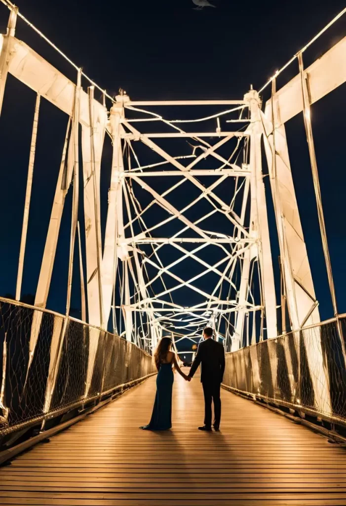 Couple on Waco Suspension Bridge at night - Date Night Ideas in Waco Texas