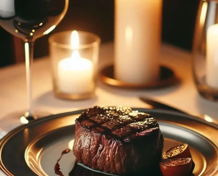 Dim candlelight, a perfectly cooked filet mignon, and a glass of rich Cabernet Sauvignon during a Valentine's Day dinner in Waco, Texas.