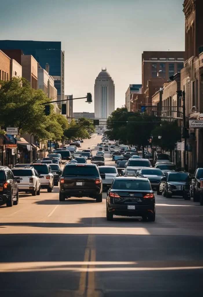 Transportation in Waco: A bustling street in Waco, Texas with various modes of transportation such as buses, bicycles, cars, and pedestrians. The cityscape includes landmarks and signages.