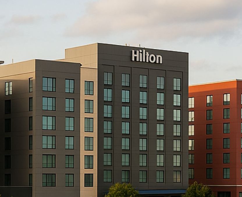 Exterior view of a luxury hotel near Baylor University in Waco, Texas, featuring a sleek façade and warm ambient lighting at dusk.