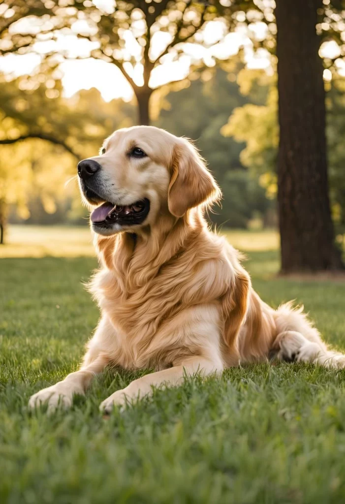 A golden retriever sitting on the grass at North Waco Park, Texas.