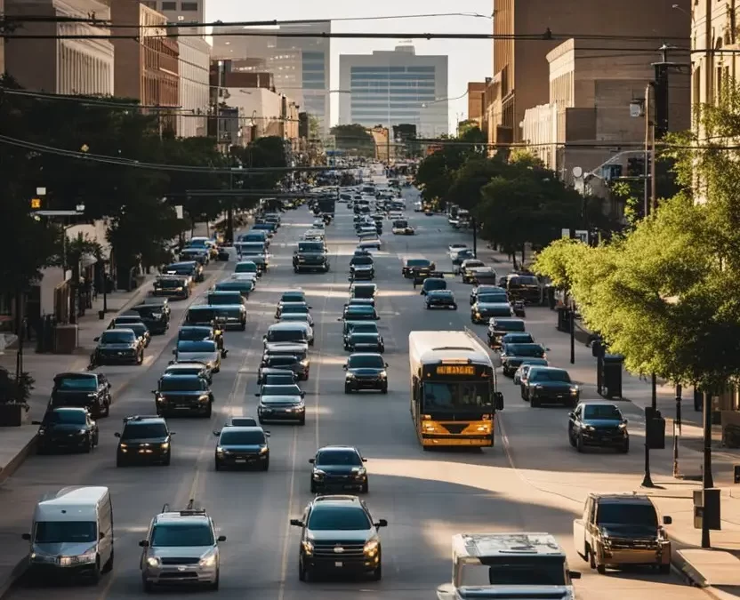 Transportation in Waco: A bustling street with various modes of transportation including buses, bikes, cars, and scooters weaving through the city of Waco, Texas.