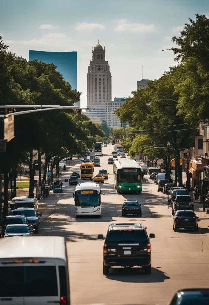 Transportation in Waco: A bustling street in Waco, Texas, filled with various modes of transportation including cars, buses, bicycles, and scooters. The city skyline looms in the background.