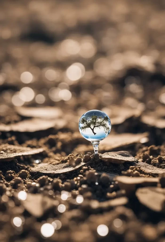 A dry, cracked earth with a single droplet of water falling from a faucet onto a wilted plant on World Water Day in Waco, Texas.