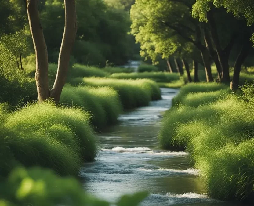 A flowing river with lush greenery and wildlife, surrounded by people gathering to celebrate World Water Day in Waco, Texas.