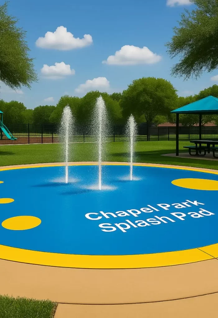 View of a vibrant splash pad in Waco Texas with colorful features and a clean, family-friendly layout