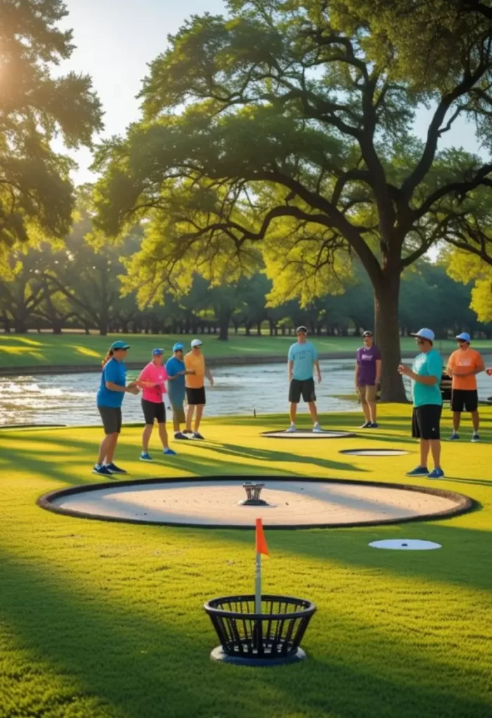 Disc golfers walking along a wooded course, surrounded by trees and open fairways.