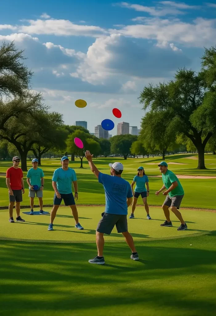 A group of realistic disc golf players gathered at one of the popular disc golf courses in Waco Texas, enjoying the game under clear skies.