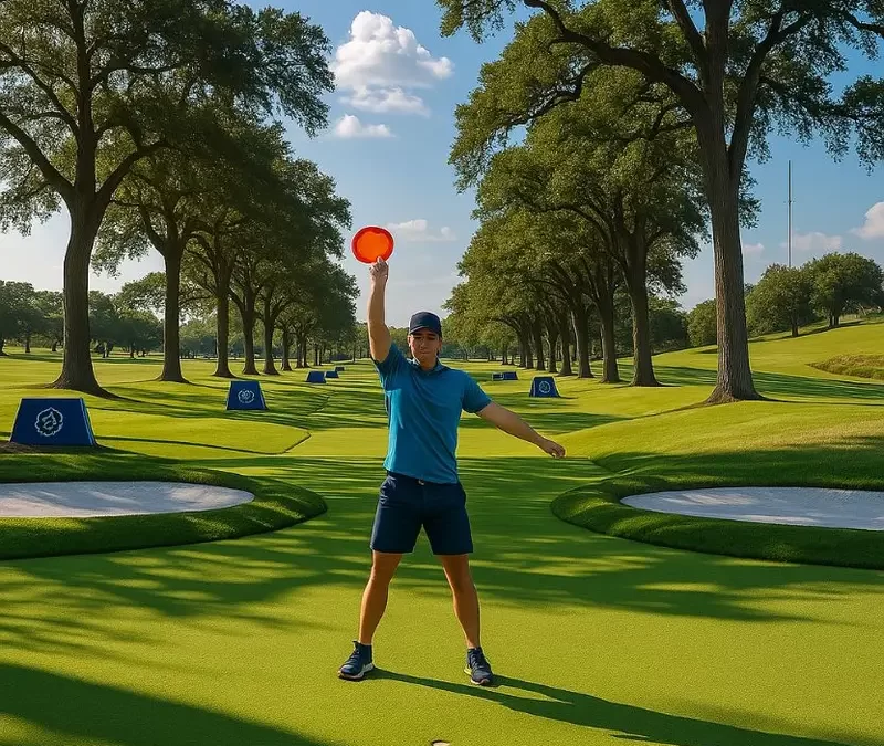Realistic disc golf players walking along a forested path at one of the scenic disc golf courses in Waco Texas.