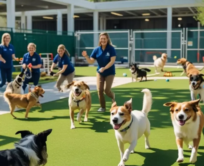 Group of dogs playing on grass at an outdoor dog daycare in Waco, TX, with staff members supervising – Dog Daycare Centers in Waco, TX