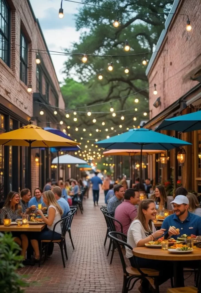 Sunny outdoor dining at restaurants near Magnolia Market Waco with people enjoying meals on inviting patios.