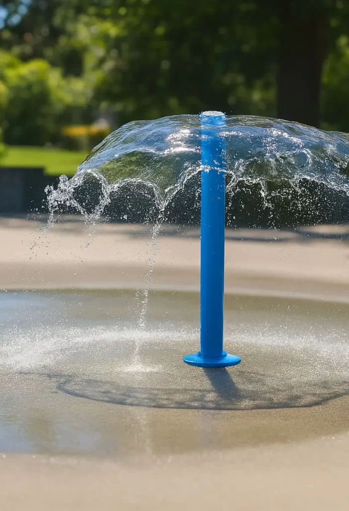 Blue splash pad design in Waco Texas featuring vibrant fountains and a spacious, family-friendly layout