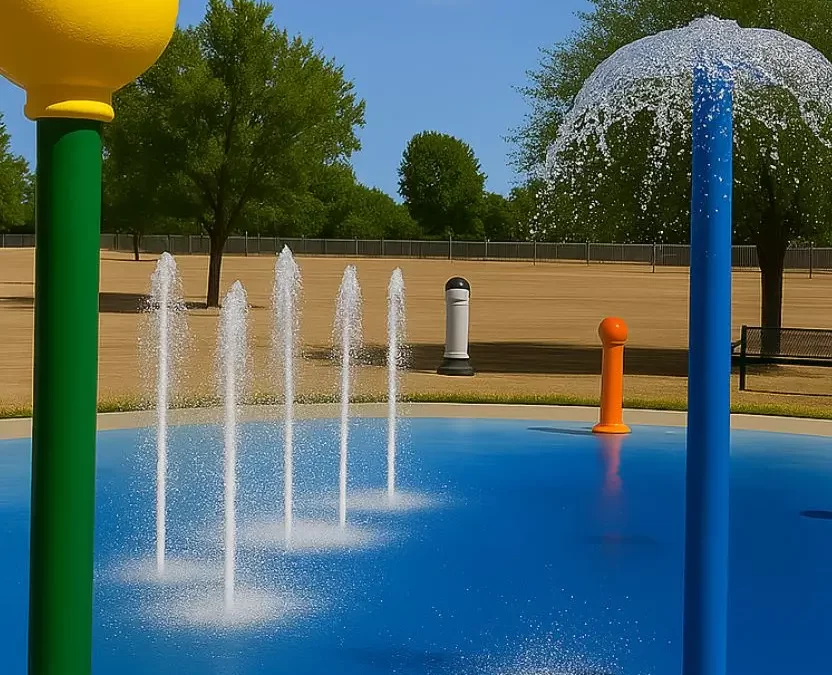 Blue tube fountain at splash pad in Waco Texas with water spraying from the top and surrounding jets