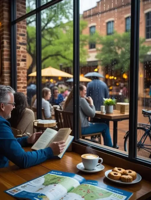 Man reading in a Waco café on a rainy day with coffee and map on table – Top 10 Things to Do in Waco Texas on a Rainy Day