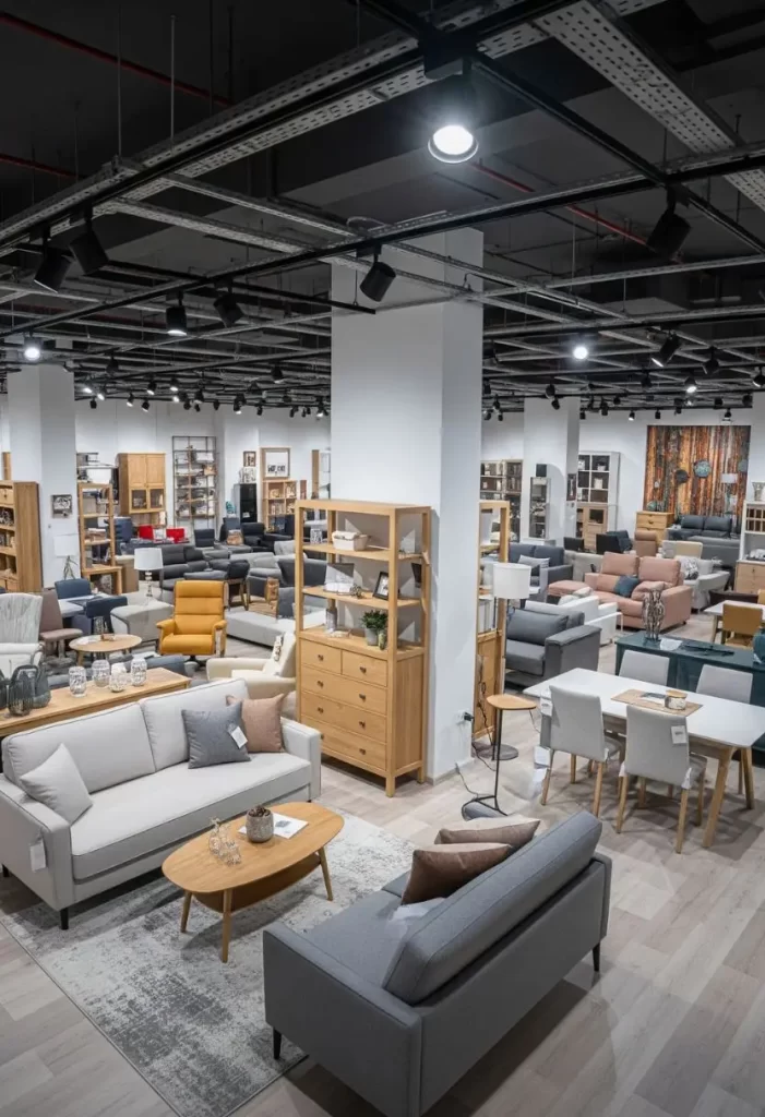 Wide view of a modern furniture showroom with various sofas and dining sets, representing Top-Rated Furniture Stores in Waco, TX.