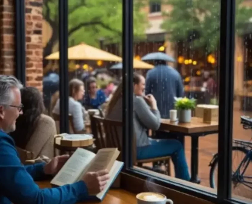 Man reading in a Waco café on a rainy day with coffee and map on table – Top 10 Things to Do in Waco Texas on a Rainy Day