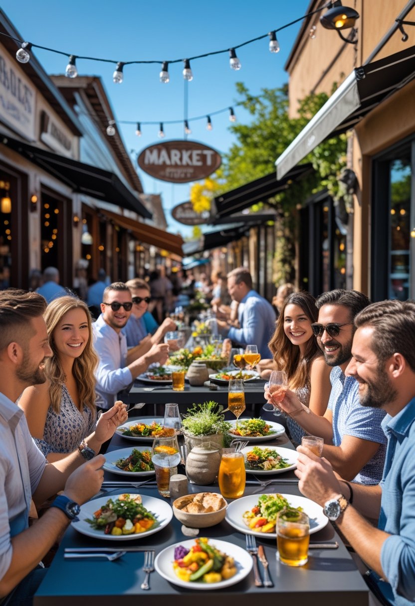 People dining outdoors at several restaurants with colorful food and drinks, set near charming storefronts with greenery and string lights.