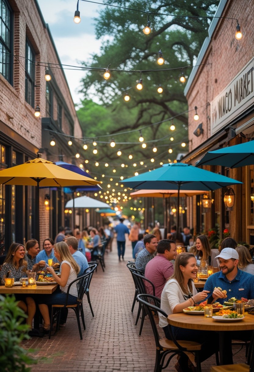 Outdoor dining area near Magnolia Market with people enjoying meals at restaurant patios on a sunny day.