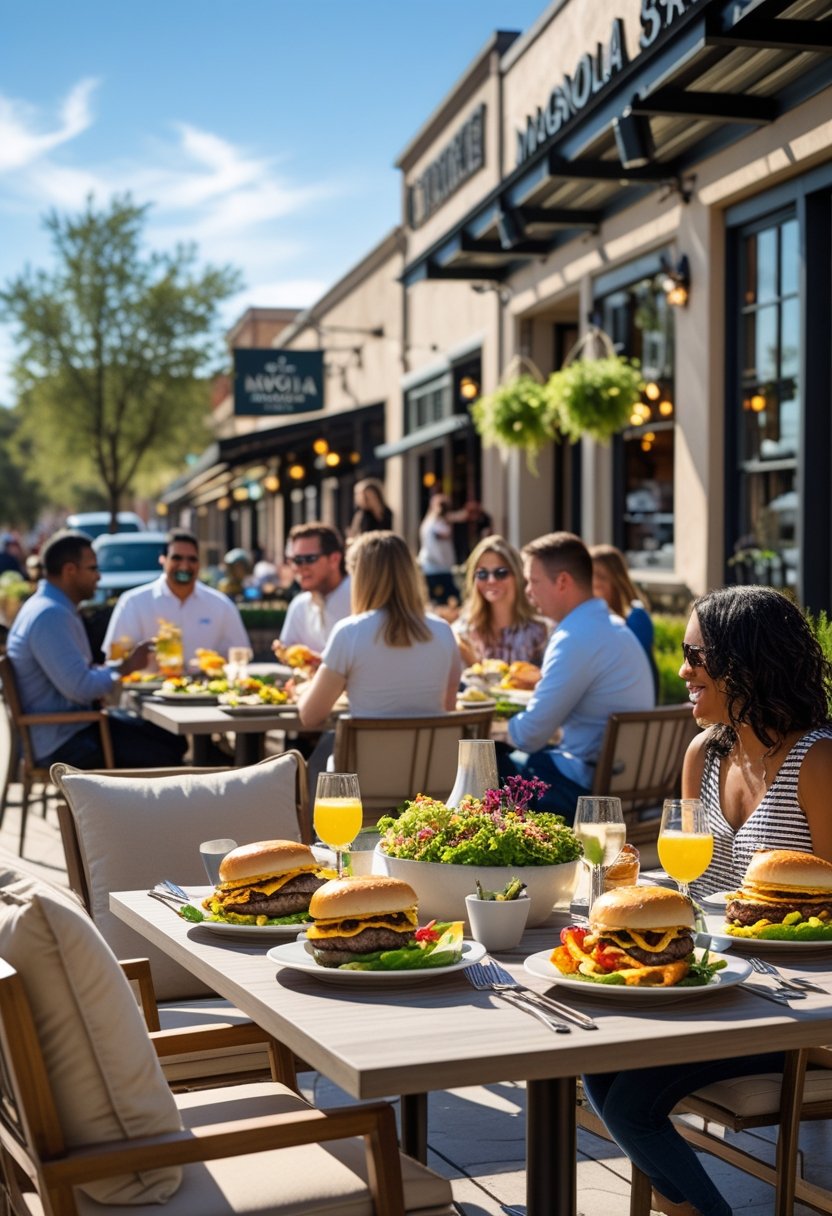 People enjoying meals at outdoor restaurant patios near Magnolia Market in Waco with colorful dishes and greenery around.