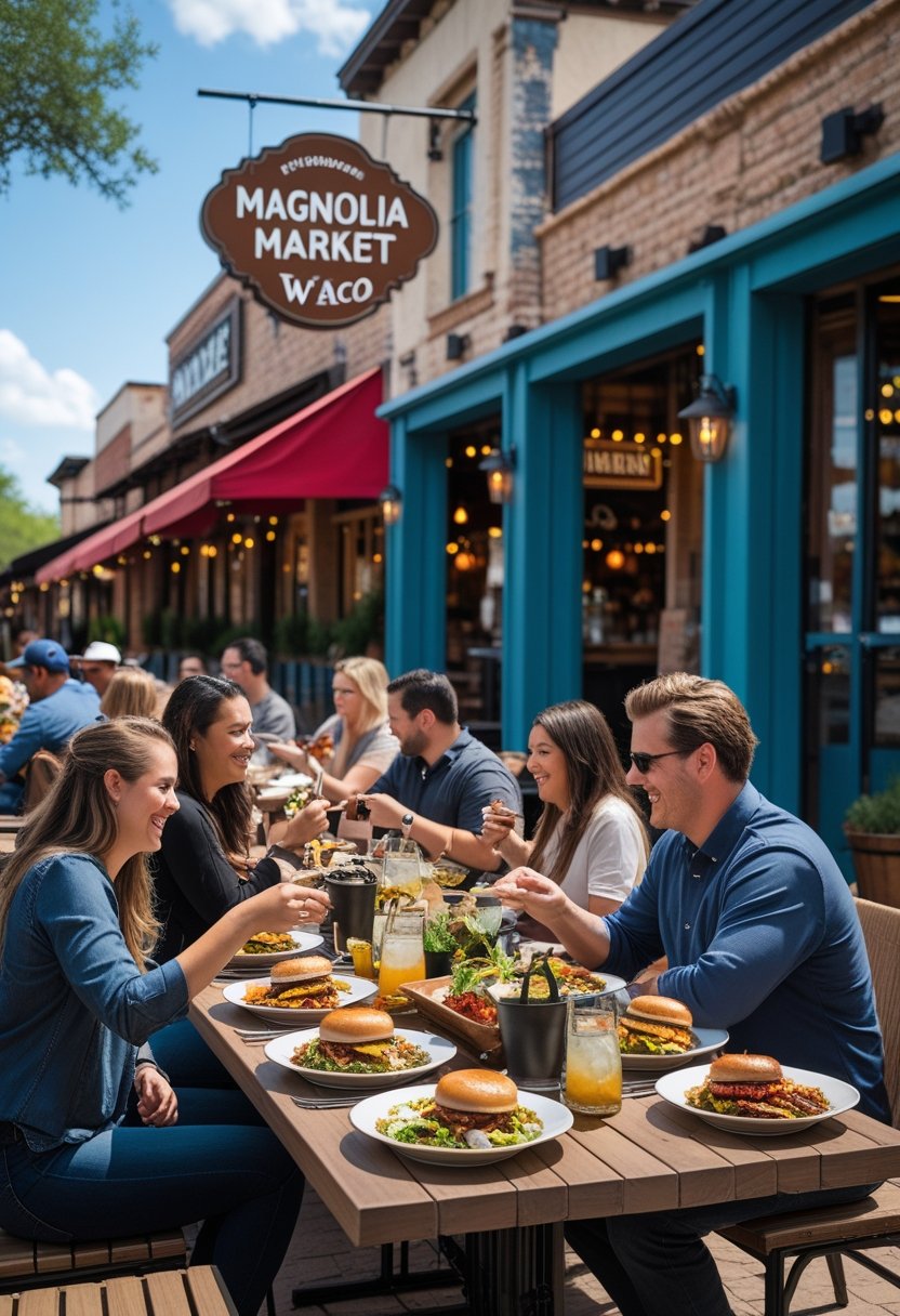 People enjoying meals at various outdoor tables near Magnolia Market in Waco on a sunny day with greenery and rustic storefronts in the background.