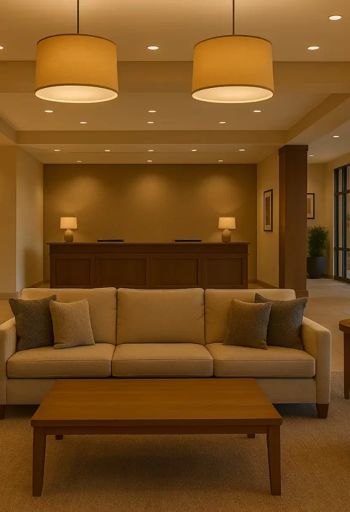 Spacious and stylish interior of one of the Waco hotels with top reviews, featuring elegant decor, plush seating, and natural lighting