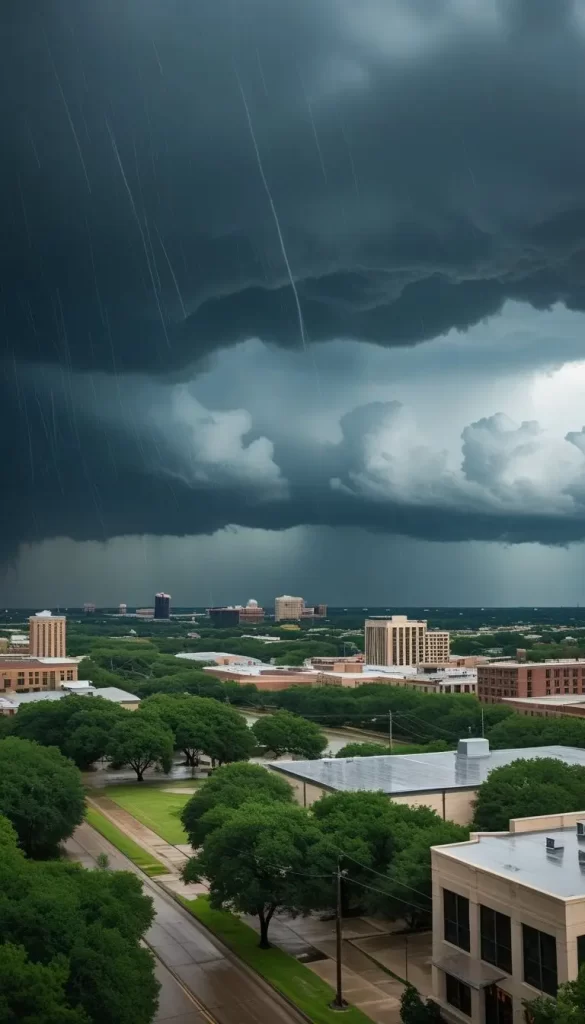 Waco Texas Storm Updates Today: Dark storm clouds gather over the Waco, Texas cityscape, with rain beginning to fall and trees swaying in the wind.