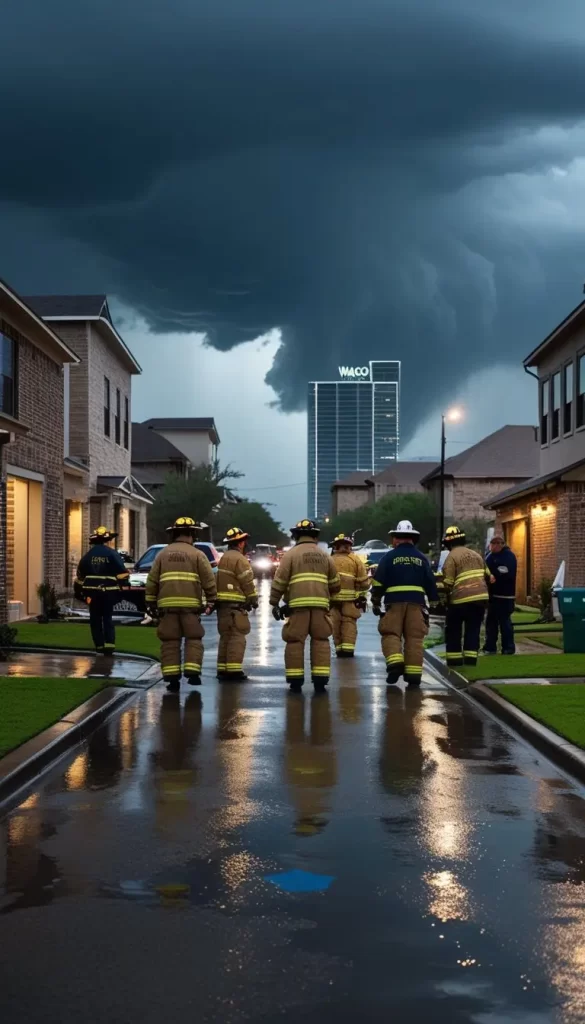 Waco Texas Storm Updates Today: Emergency responders and residents prepare for a storm in a city with dark clouds overhead and rain-soaked streets.