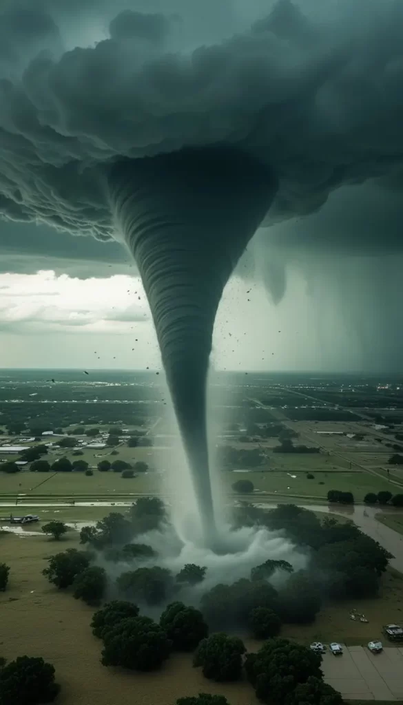 A tense scene in Waco, Texas, as emergency responders and residents take precautions ahead of an incoming storm. Dark clouds loom over the city, and rain-soaked streets hint at worsening conditions. Stay updated with Waco Texas Storm Updates Today for the latest weather alerts and safety tips.