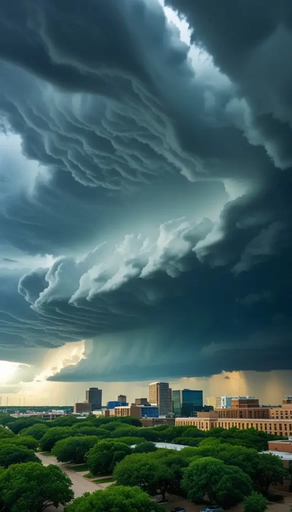 Waco Texas Storm Updates Today: Storm clouds gathering over the city of Waco, Texas, with trees and buildings visible beneath a dark, cloudy sky.