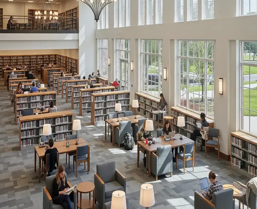 Interior view of a spacious, modern library in Waco, Texas, with high ceilings, large windows, and numerous patrons reading and studying at tables and comfortable chairs.