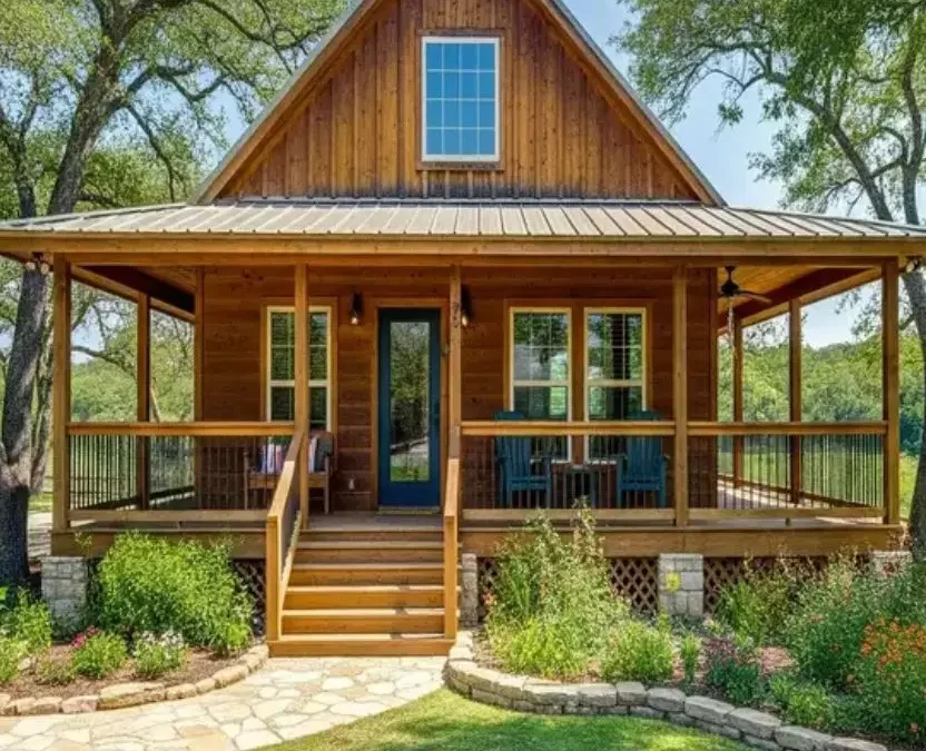 A charming and cozy Waco cabin rental with a large porch and lush green lawn under a sunny sky.