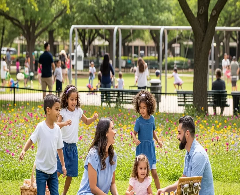 Family enjoying a picnic in a sunny park in Waco, Texas with children playing