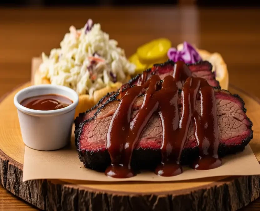 Food Recommendations in Waco Texas: Juicy smoked brisket with BBQ sauce and coleslaw on a wooden board.