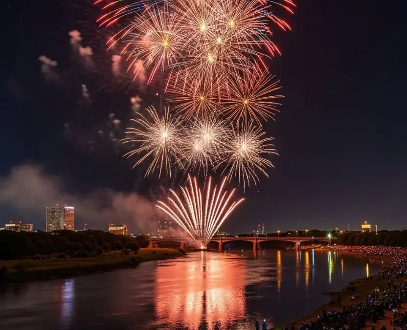 Fourth of July fireworks bursting over the Brazos River in Waco, Texas, with a large crowd watching from the riverbank.