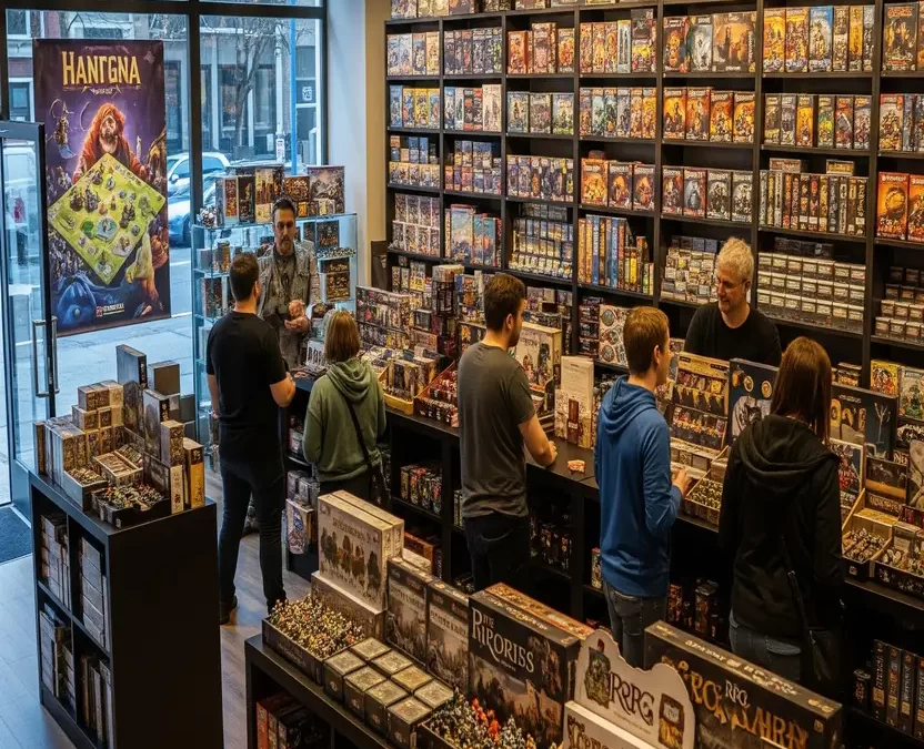 Interior view of a busy game store in Waco, Texas, with shelves full of board games, trading cards, and miniature figures, and customers Browse.