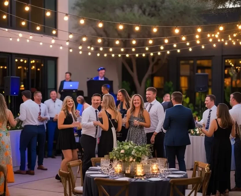 Guests enjoy an evening at an outdoor party venue in Waco Texas, with string lights, decorated tables, and a DJ in the background.