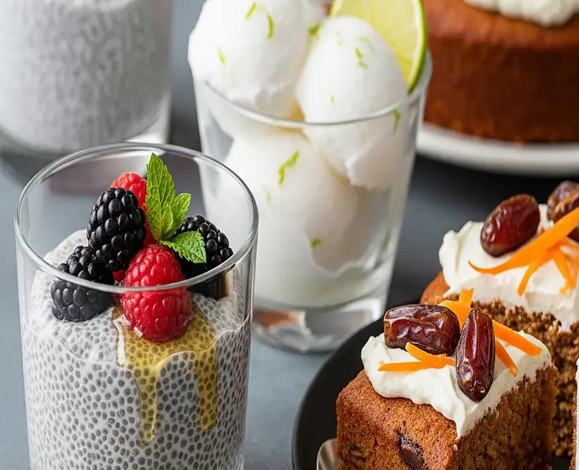 A vibrant display of sugar-free desserts including chia pudding with berries, coconut sorbet, and carrot cake slices, representing delicious sugar-free options available in Waco, Texas.
