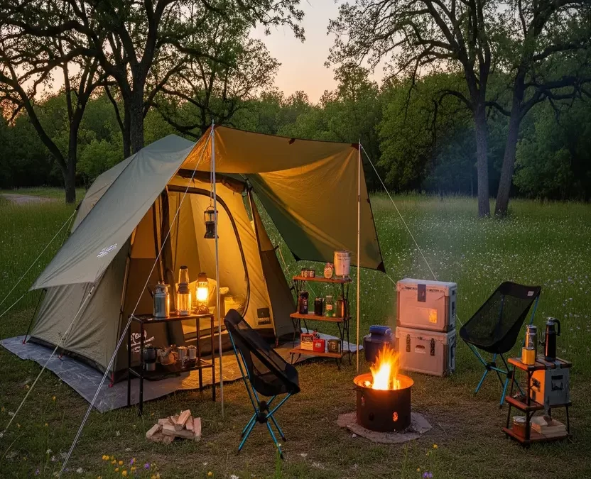 Tent camping site in Waco, Texas with a large tent, campfire, and seating under shade trees.